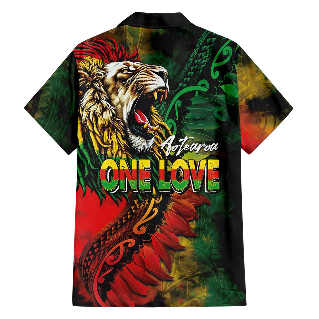 Aotearoa One Love Family Matching Off Shoulder Short Dress and Hawaiian Shirt Reggae Lion with Kakahu Huruhuru