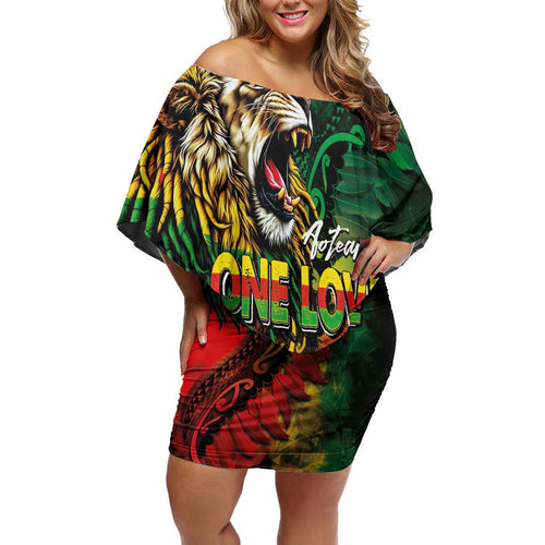 Aotearoa One Love Family Matching Off Shoulder Short Dress and Hawaiian Shirt Reggae Lion with Kakahu Huruhuru