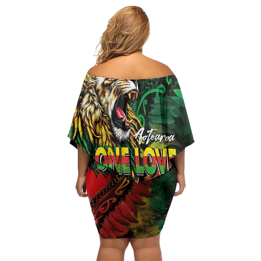 Aotearoa One Love Family Matching Off Shoulder Short Dress and Hawaiian Shirt Reggae Lion with Kakahu Huruhuru