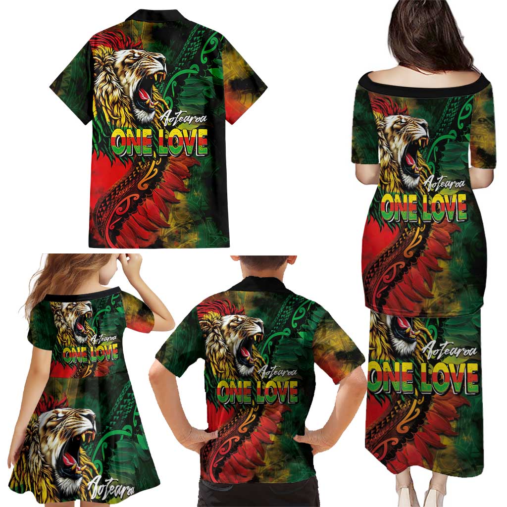 Aotearoa One Love Family Matching Puletasi and Hawaiian Shirt Reggae Lion with Kakahu Huruhuru