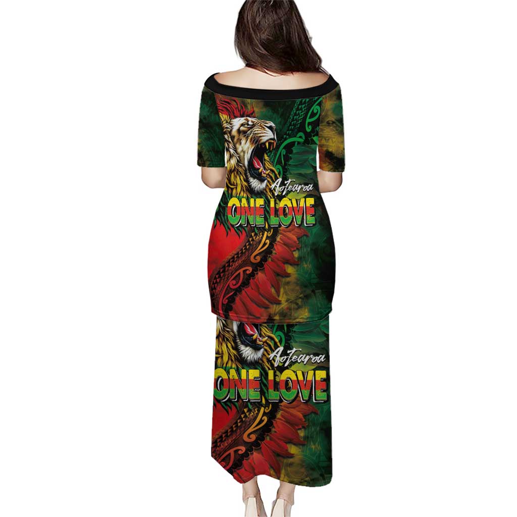 Aotearoa One Love Family Matching Puletasi and Hawaiian Shirt Reggae Lion with Kakahu Huruhuru
