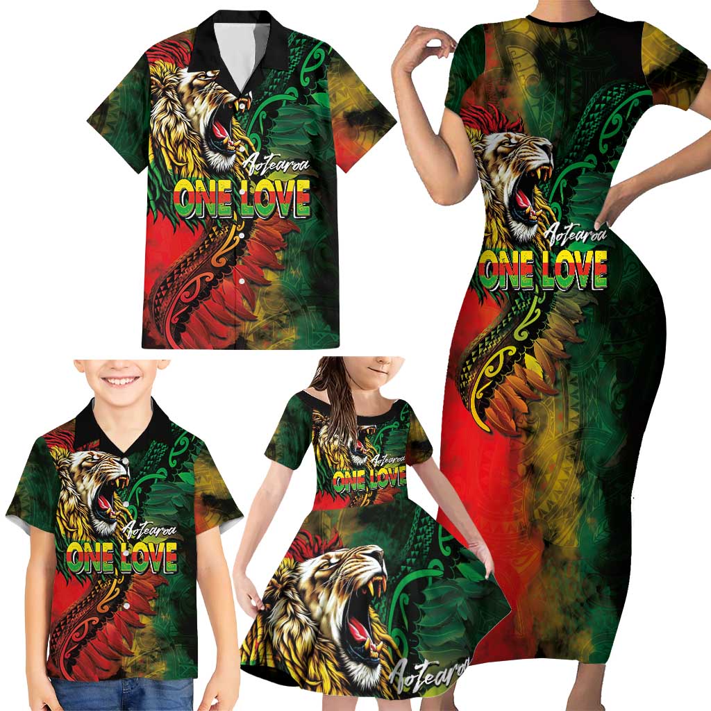 Aotearoa One Love Family Matching Short Sleeve Bodycon Dress and Hawaiian Shirt Reggae Lion with Kakahu Huruhuru