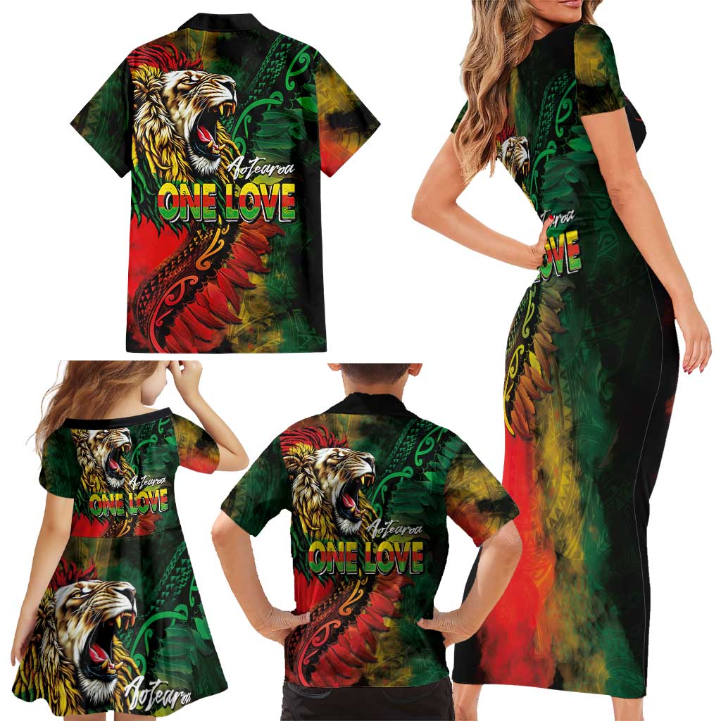 Aotearoa One Love Family Matching Short Sleeve Bodycon Dress and Hawaiian Shirt Reggae Lion with Kakahu Huruhuru