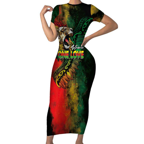 Aotearoa One Love Family Matching Short Sleeve Bodycon Dress and Hawaiian Shirt Reggae Lion with Kakahu Huruhuru