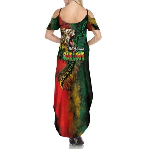 Aotearoa One Love Family Matching Summer Maxi Dress and Hawaiian Shirt Reggae Lion with Kakahu Huruhuru