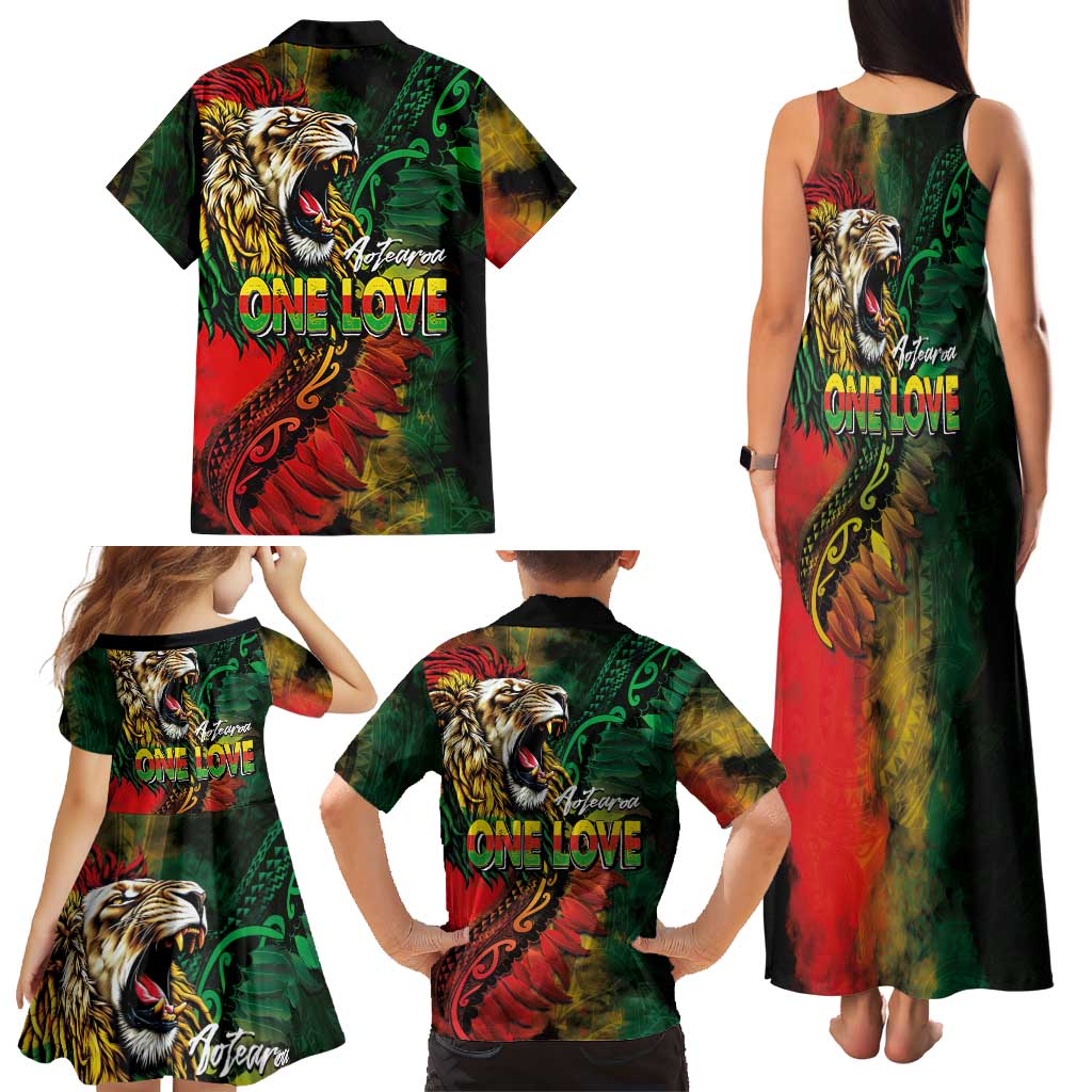 Aotearoa One Love Family Matching Tank Maxi Dress and Hawaiian Shirt Reggae Lion with Kakahu Huruhuru