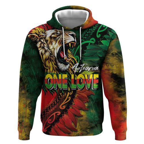 Aotearoa One Love Hoodie Reggae Lion with Kakahu Huruhuru