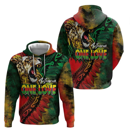 Aotearoa One Love Hoodie Reggae Lion with Kakahu Huruhuru