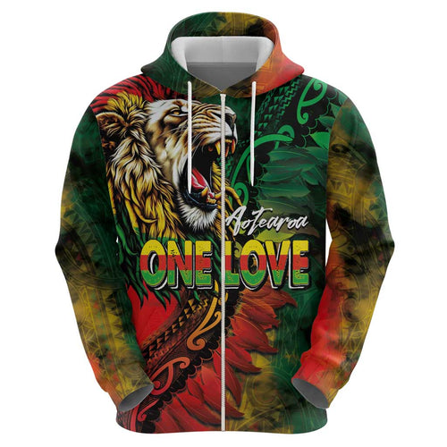 Aotearoa One Love Hoodie Reggae Lion with Kakahu Huruhuru