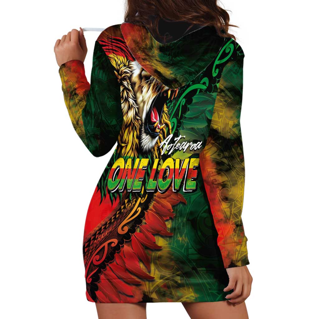Aotearoa One Love Hoodie Dress Reggae Lion with Kakahu Huruhuru
