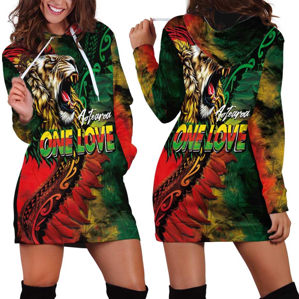 Aotearoa One Love Hoodie Dress Reggae Lion with Kakahu Huruhuru
