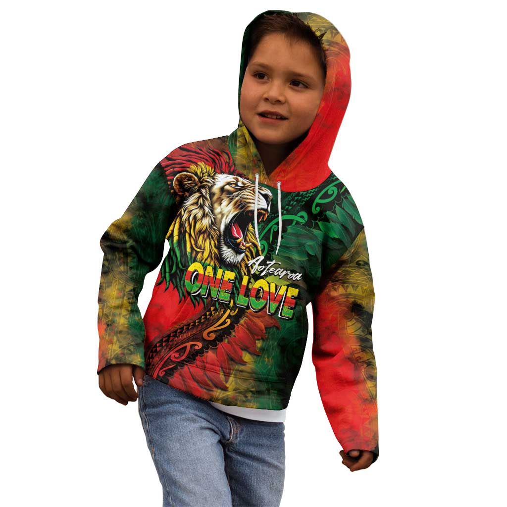 Aotearoa One Love Kid Hoodie Reggae Lion with Kakahu Huruhuru