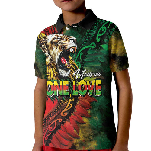 Aotearoa One Love Kid Polo Shirt Reggae Lion with Kakahu Huruhuru