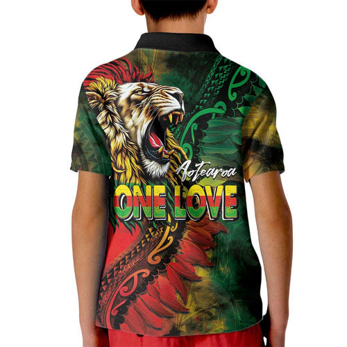 Aotearoa One Love Kid Polo Shirt Reggae Lion with Kakahu Huruhuru