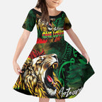 Aotearoa One Love Kid Short Sleeve Dress Reggae Lion with Kakahu Huruhuru