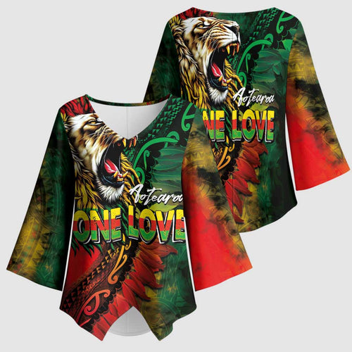 Aotearoa One Love Kimono Sleeve Blouse Reggae Lion with Kakahu Huruhuru