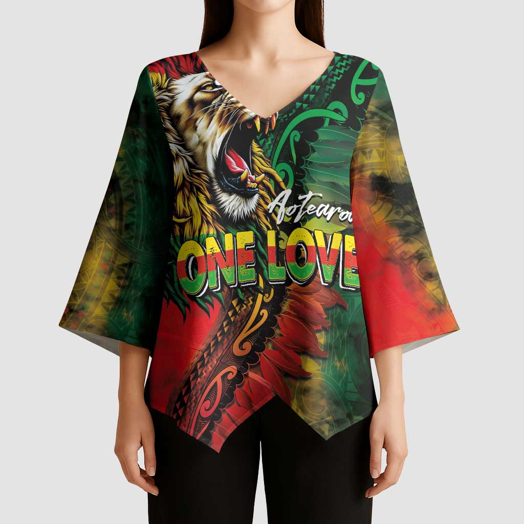 Aotearoa One Love Kimono Sleeve Blouse Reggae Lion with Kakahu Huruhuru