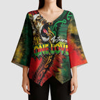 Aotearoa One Love Kimono Sleeve Blouse Reggae Lion with Kakahu Huruhuru