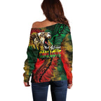Aotearoa One Love Off Shoulder Sweater Reggae Lion with Kakahu Huruhuru