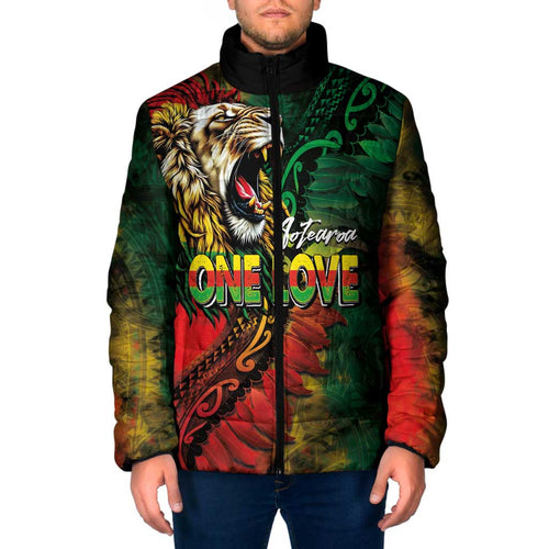 Aotearoa One Love Padded Jacket Reggae Lion with Kakahu Huruhuru