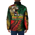 Aotearoa One Love Padded Jacket Reggae Lion with Kakahu Huruhuru