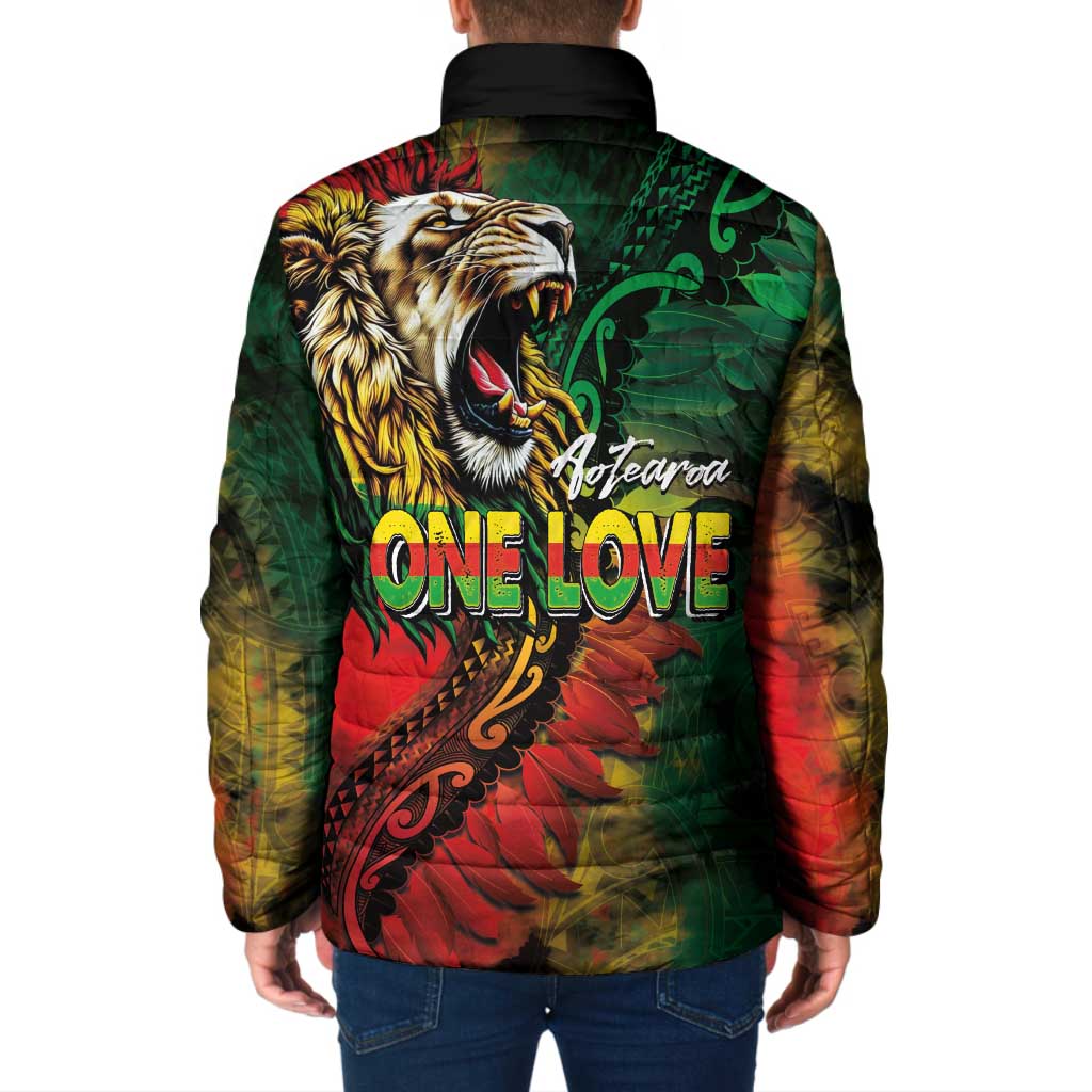 Aotearoa One Love Padded Jacket Reggae Lion with Kakahu Huruhuru