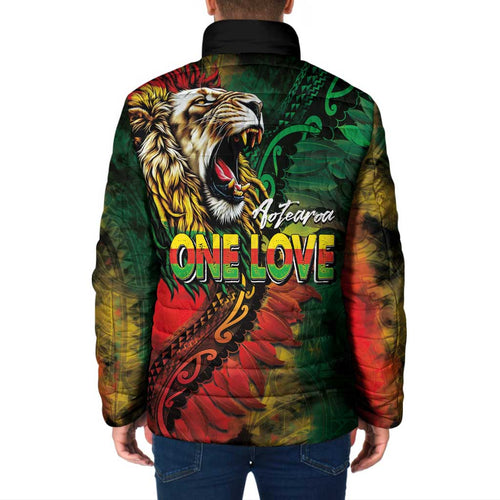 Aotearoa One Love Padded Jacket Reggae Lion with Kakahu Huruhuru