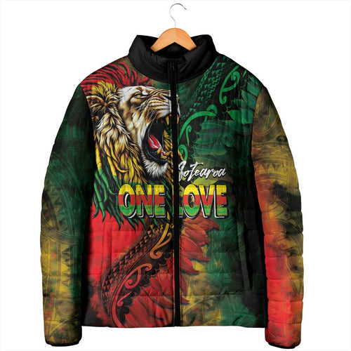 Aotearoa One Love Padded Jacket Reggae Lion with Kakahu Huruhuru