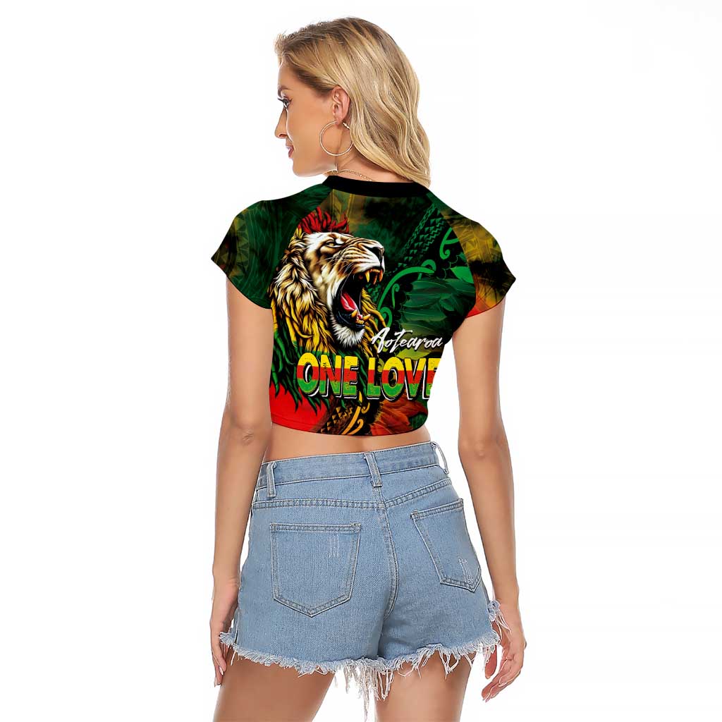 Aotearoa One Love Raglan Cropped T Shirt Reggae Lion with Kakahu Huruhuru