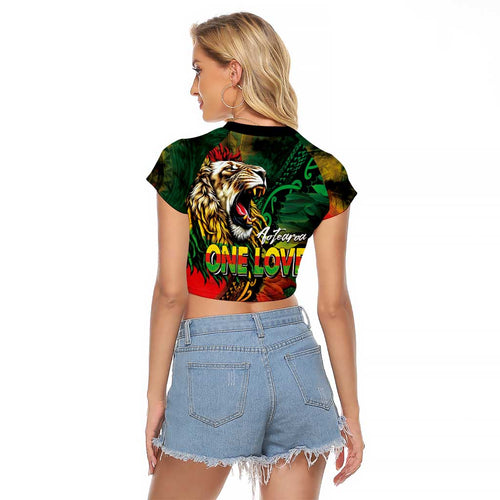 Aotearoa One Love Raglan Cropped T Shirt Reggae Lion with Kakahu Huruhuru