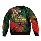 Aotearoa One Love Sleeve Zip Bomber Jacket Reggae Lion with Kakahu Huruhuru