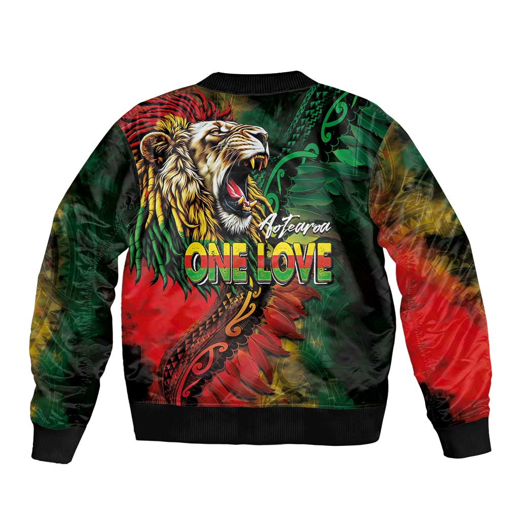 Aotearoa One Love Sleeve Zip Bomber Jacket Reggae Lion with Kakahu Huruhuru
