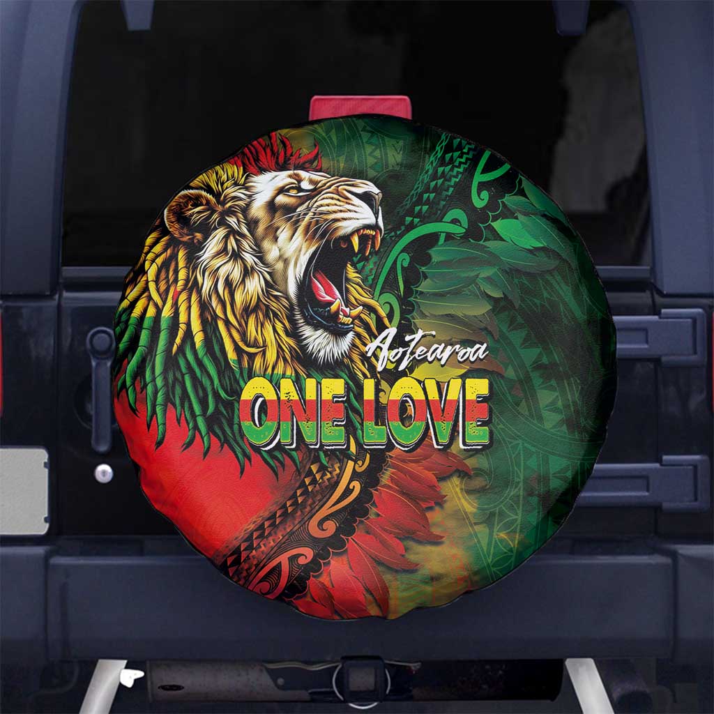 Aotearoa One Love Spare Tire Cover Reggae Lion with Kakahu Huruhuru
