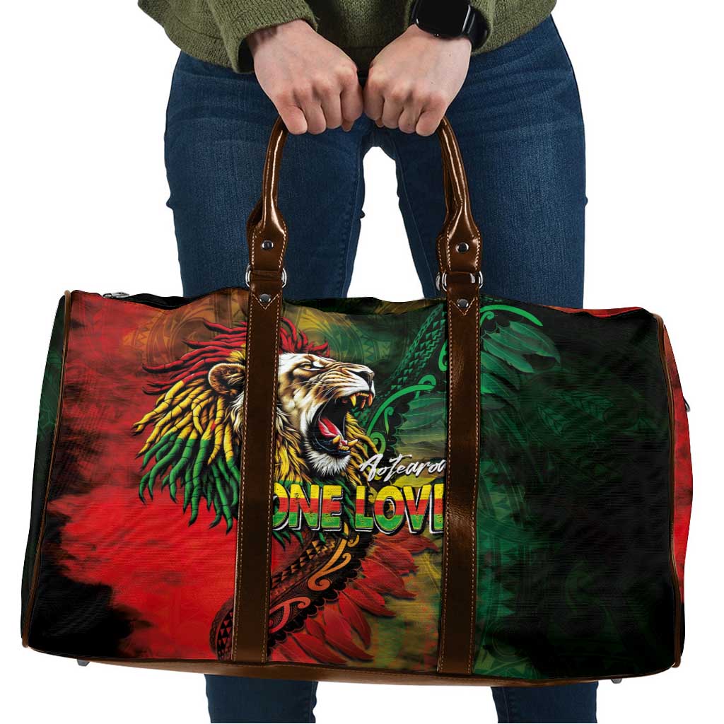 Aotearoa One Love Travel Bag Reggae Lion with Kakahu Huruhuru