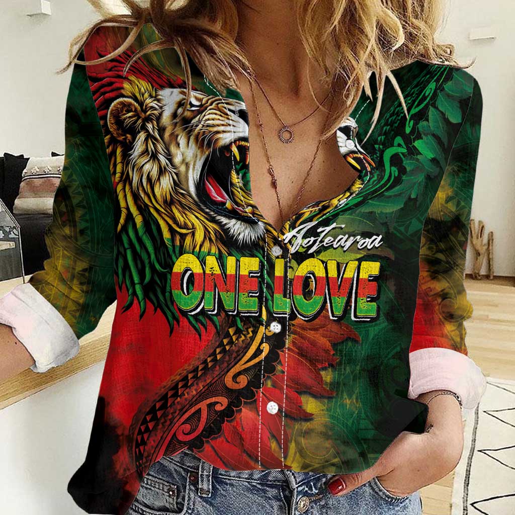 Aotearoa One Love Women Casual Shirt Reggae Lion with Kakahu Huruhuru