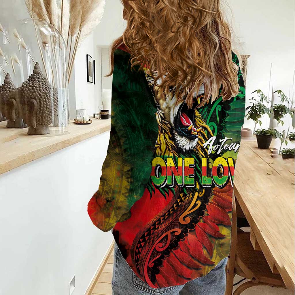 Aotearoa One Love Women Casual Shirt Reggae Lion with Kakahu Huruhuru