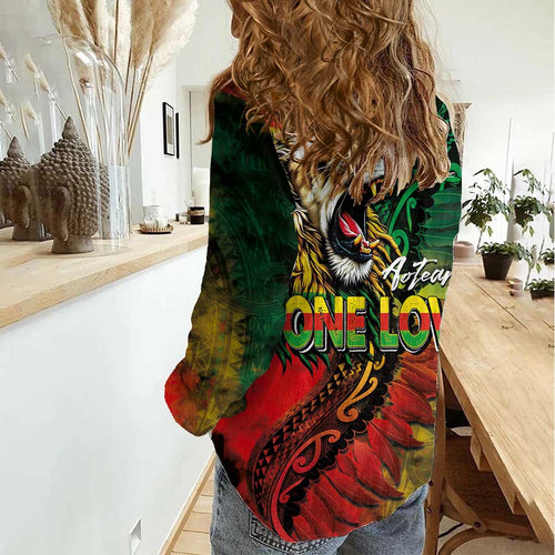 Aotearoa One Love Women Casual Shirt Reggae Lion with Kakahu Huruhuru