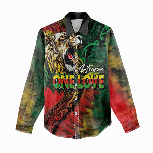 Aotearoa One Love Women Casual Shirt Reggae Lion with Kakahu Huruhuru