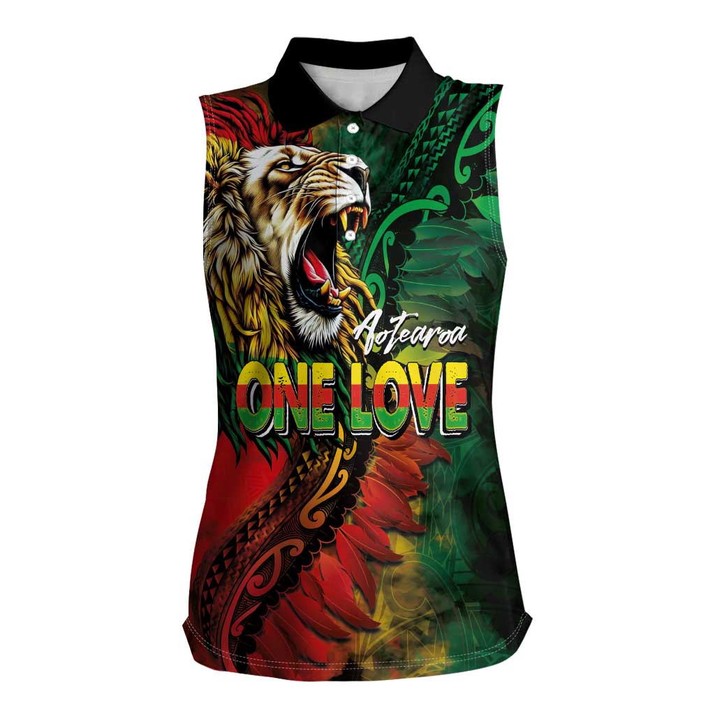 Aotearoa One Love Women Sleeveless Polo Shirt Reggae Lion with Kakahu Huruhuru