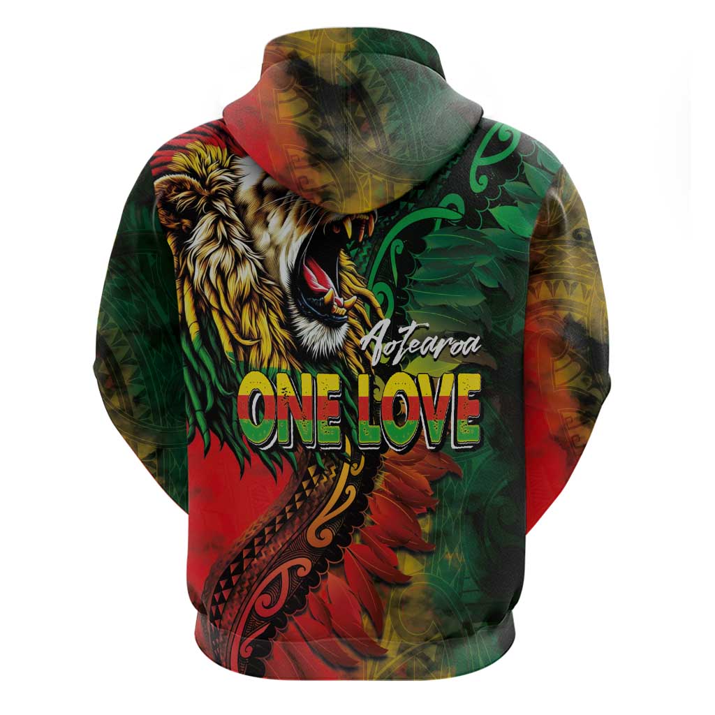 Aotearoa One Love Zip Hoodie Reggae Lion with Kakahu Huruhuru