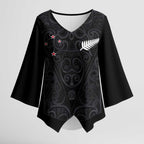 Custom Aotearoa Rugby Kimono Sleeve Blouse Fern Blacks-Traditional Maori Motifs Design