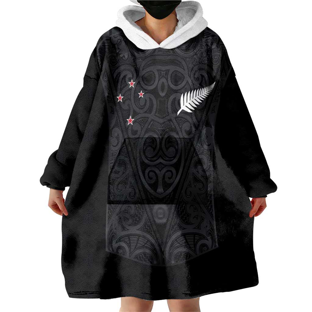 Custom Aotearoa Rugby Wearable Blanket Hoodie Fern Blacks-Traditional Maori Motifs Design