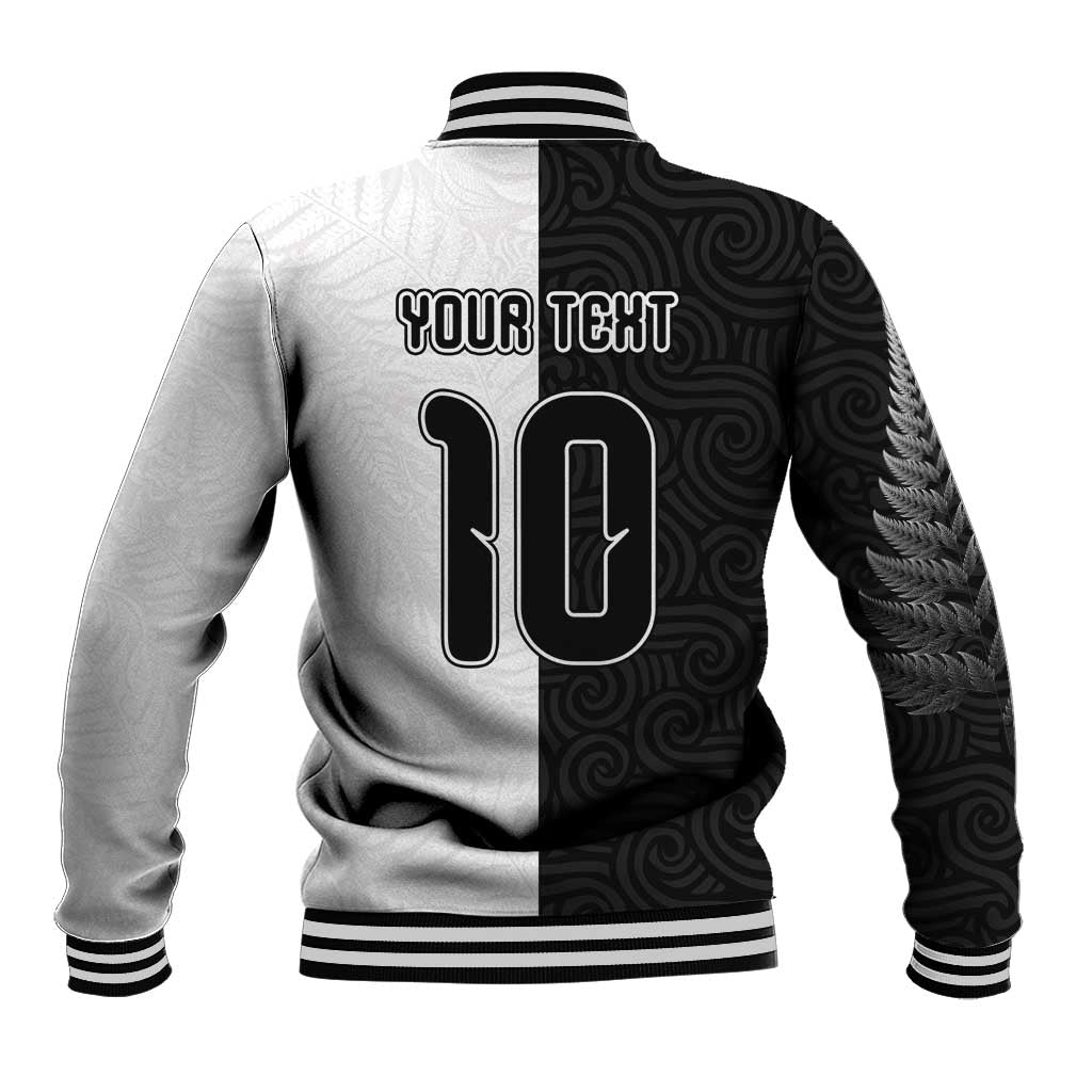 Custom New Zealand Football Baseball Jacket Silver Fern and Maori Tribal Black White Half Sporty Style