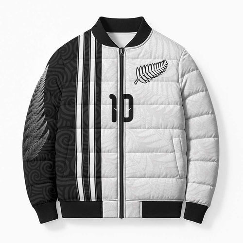 Custom New Zealand Football Bomber Puffer Jacket Silver Fern and Maori Tribal Black White Half Sporty Style