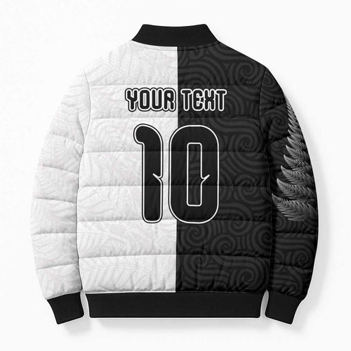 Custom New Zealand Football Bomber Puffer Jacket Silver Fern and Maori Tribal Black White Half Sporty Style