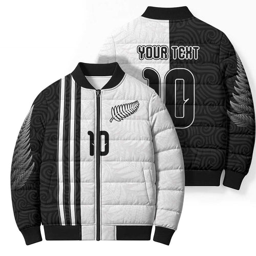 Custom New Zealand Football Bomber Puffer Jacket Silver Fern and Maori Tribal Black White Half Sporty Style