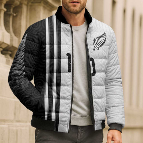 Custom New Zealand Football Bomber Puffer Jacket Silver Fern and Maori Tribal Black White Half Sporty Style