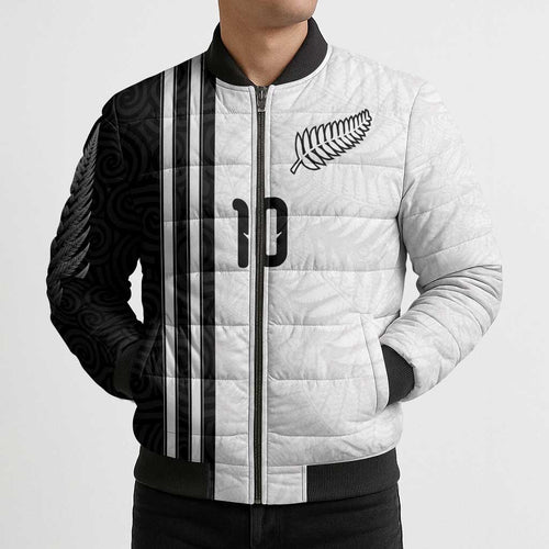 Custom New Zealand Football Bomber Puffer Jacket Silver Fern and Maori Tribal Black White Half Sporty Style