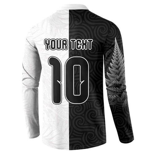 Custom New Zealand Football Button Sweatshirt Silver Fern and Maori Tribal Black White Half Sporty Style