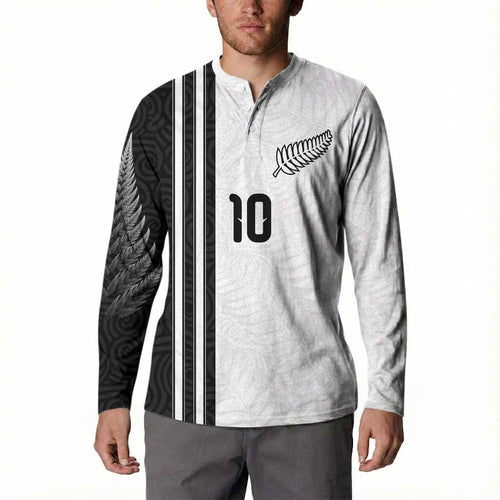 Custom New Zealand Football Button Sweatshirt Silver Fern and Maori Tribal Black White Half Sporty Style